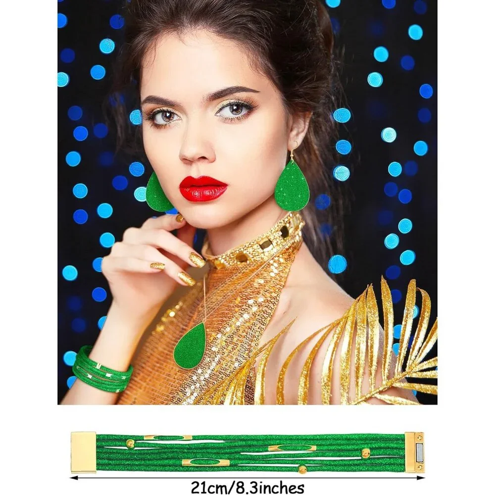 4 Pcs Jewelry Sets for Women Glitter Necklace and Earring Set Multi Layer Bracel_5